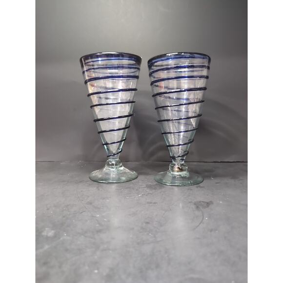 Artisan Mexican Glass Set, Cobalt Blue Swirl Design, Stemmed Glasses, Home Décor - Picture 1 of 9